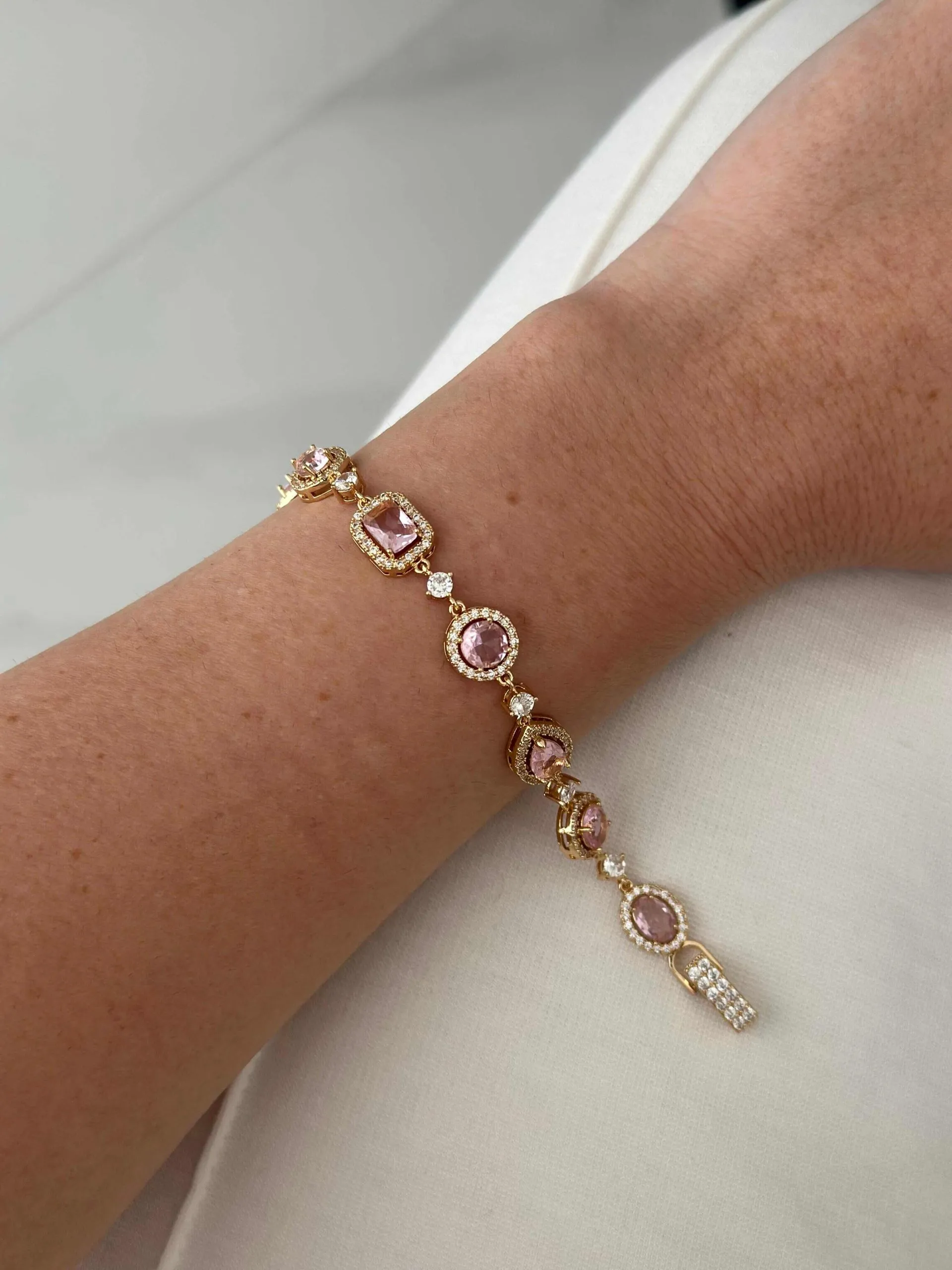 Pulseira Zircônia Rosa Folheada a Ouro18K