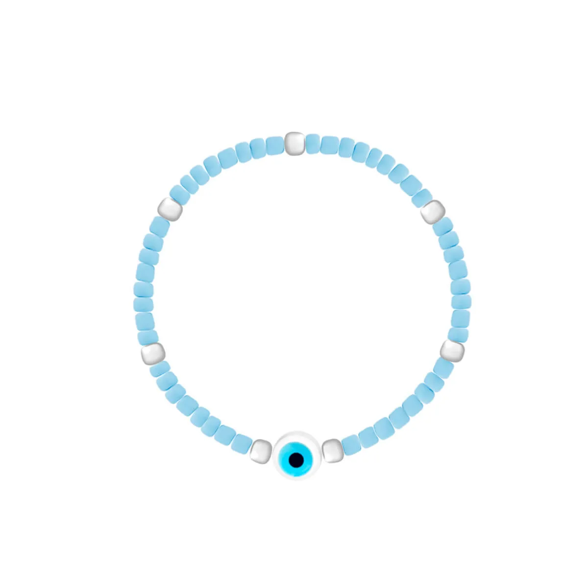 Pulseira Folheado a Ródio Miçanga Azul e Olho Grego