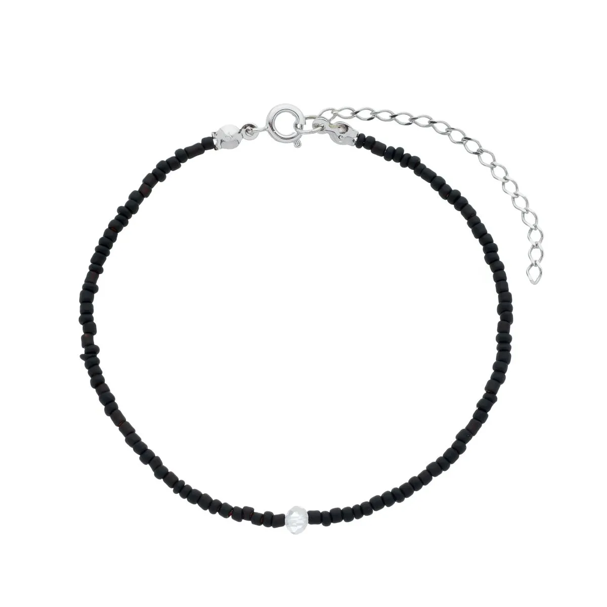 Pulseira Folheado a Ródio Miçangas Preta e Biju Transparente