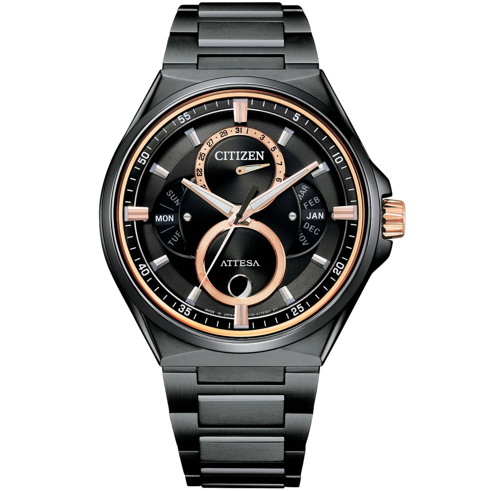 Relógio Citizen Attesa Eco-Drive Triple Calendar Moon Phase Super Titânio Preto BU0065-64E