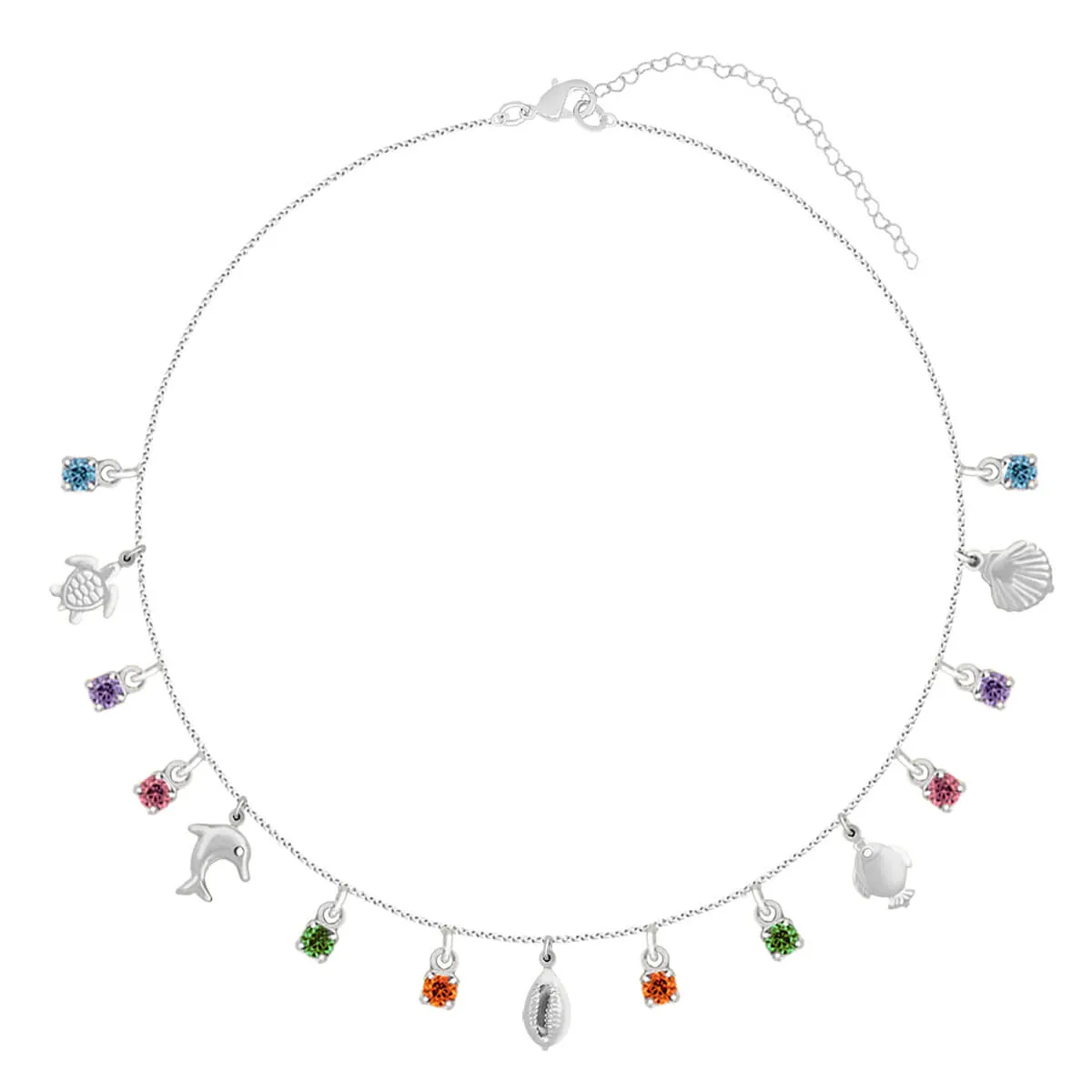 Tornozeleira Folheada a Ródio Pingentes Praianos Zircônias Coloridas