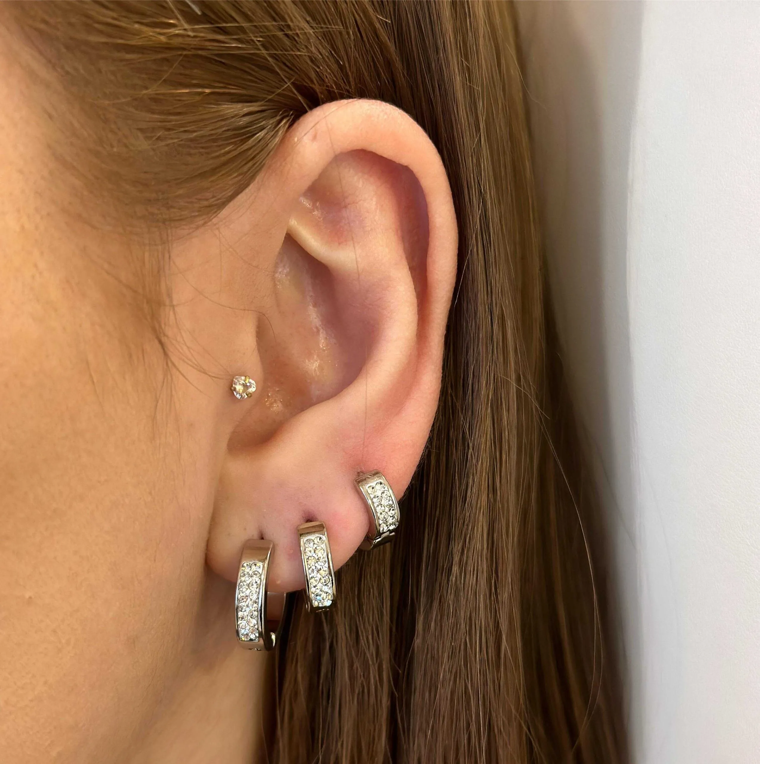 Trio de Argola Aço Inoxidável Duas Faixas de Strass Prata