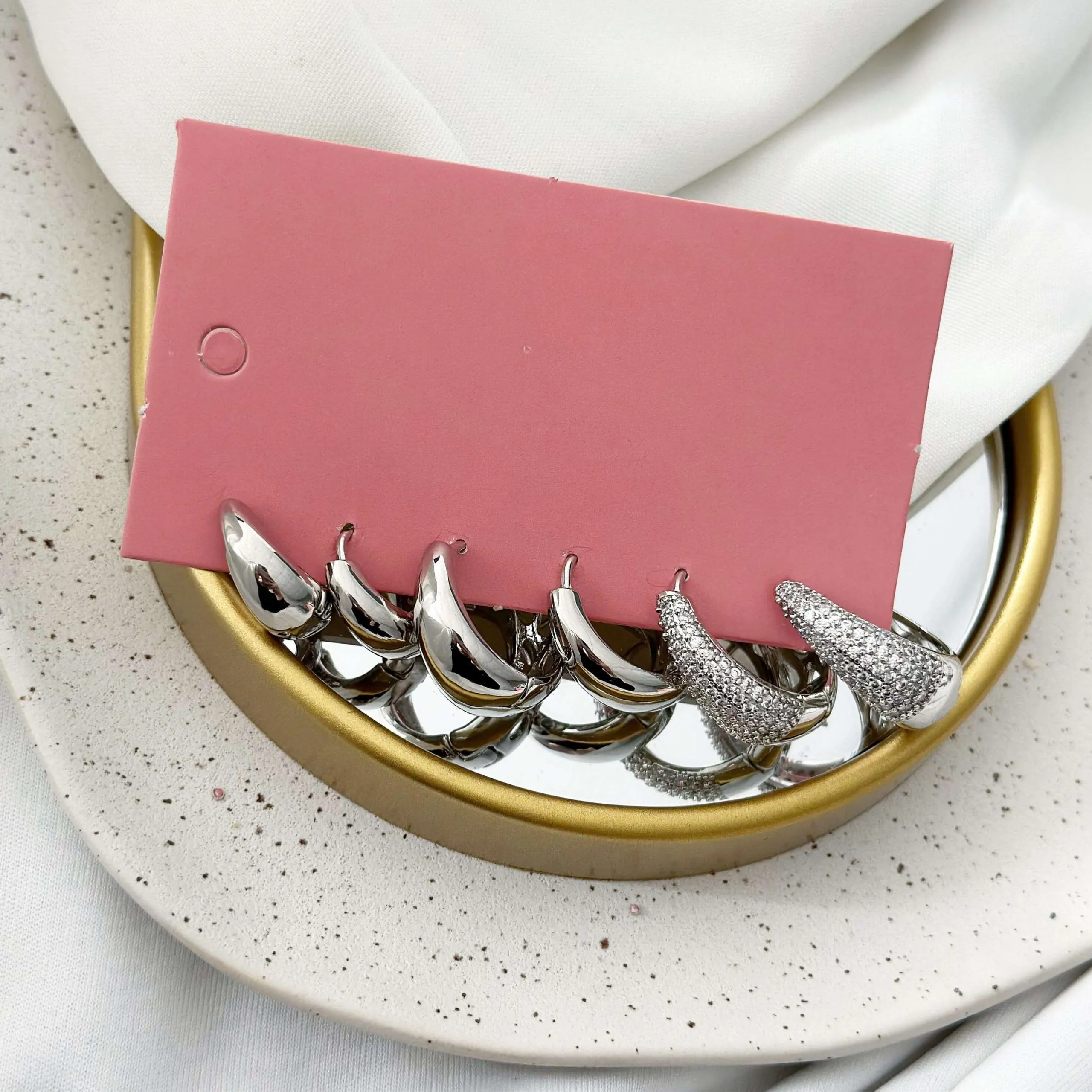 Trio Folheado a Prata Vírgula Cravejada e Lisa