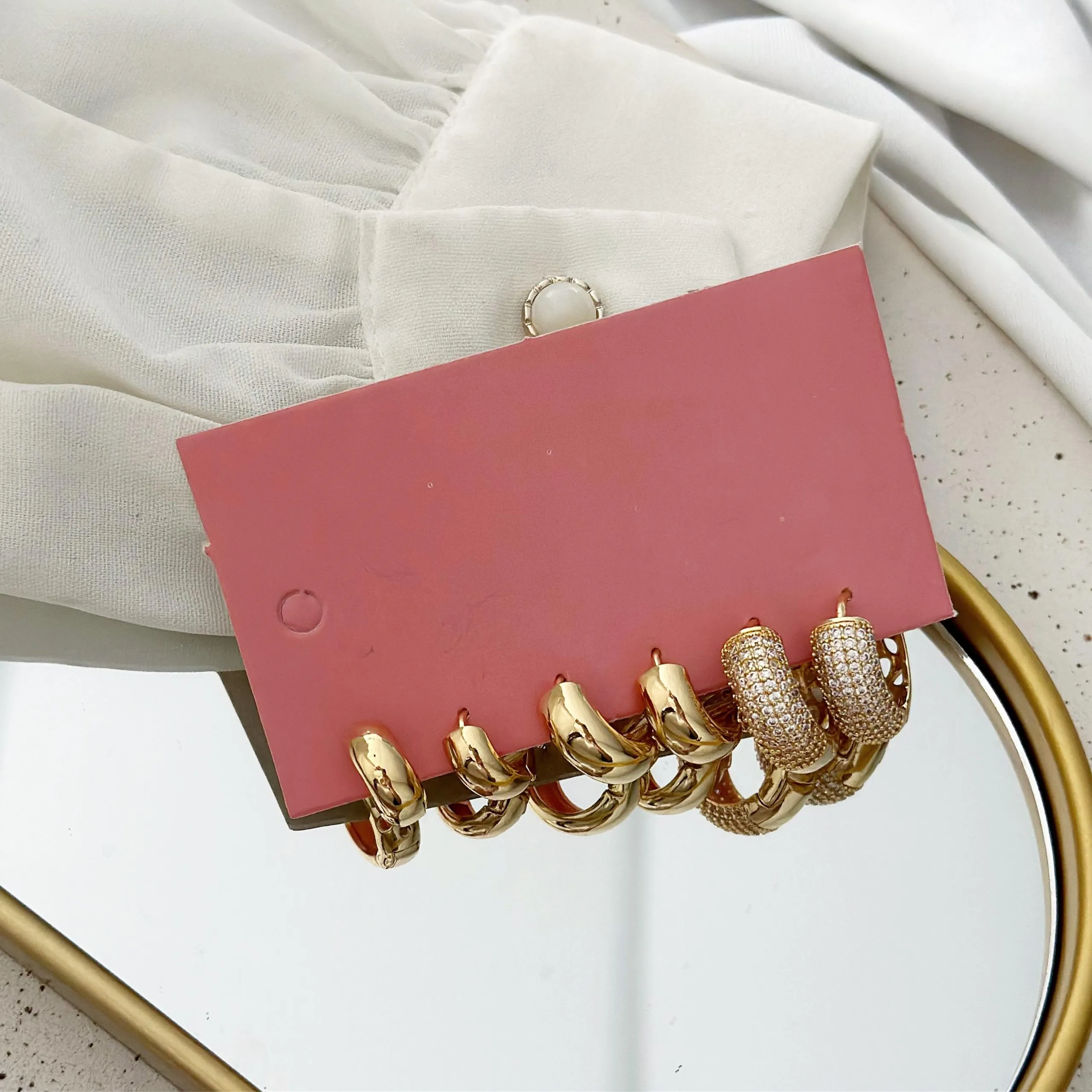 Trio Folheado de Argola Ouro 18K Lisa e Cravejada com Zircônia